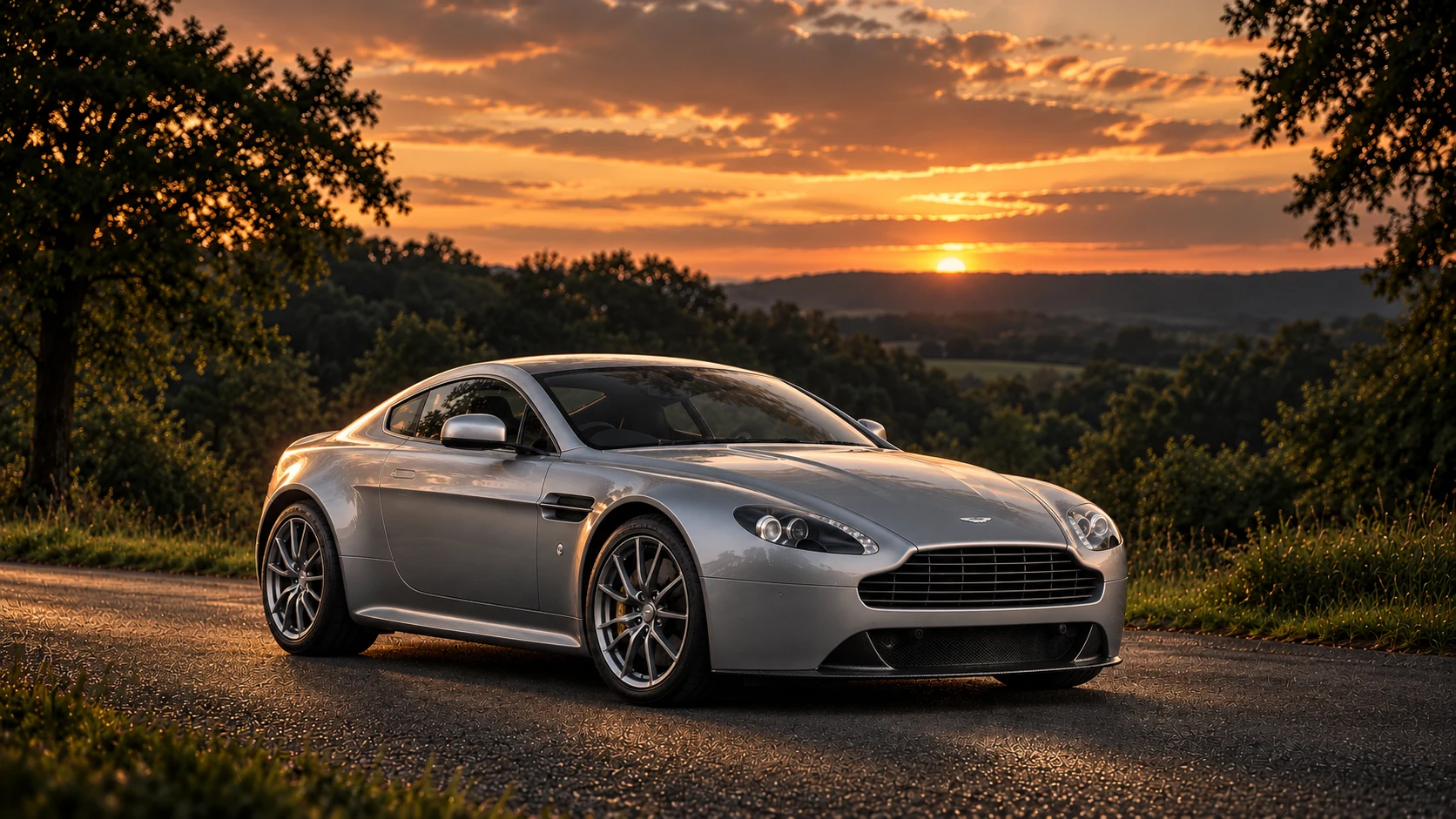Aston Martin V8 Vantage S Coupé (2011-2017), AI-generated editorial illustration in front three-quarter view facing right at dusk
