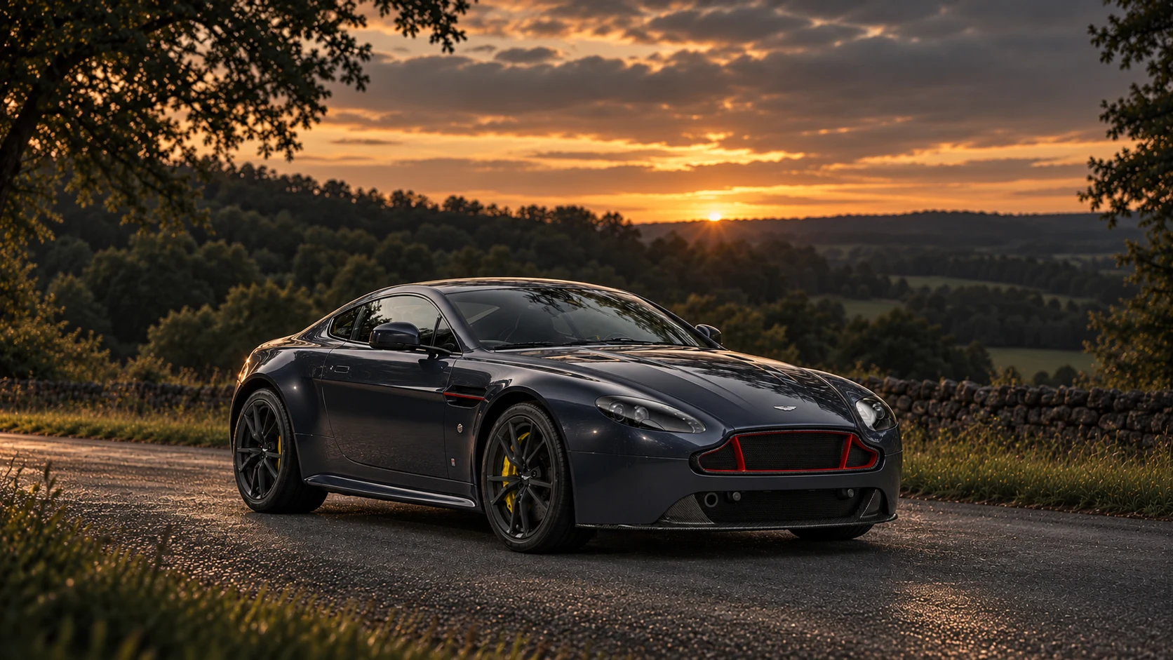 Aston Martin V8 Vantage S Red Bull Racing Edition (2017), AI-generated editorial illustration in front three-quarter view facing right at dusk