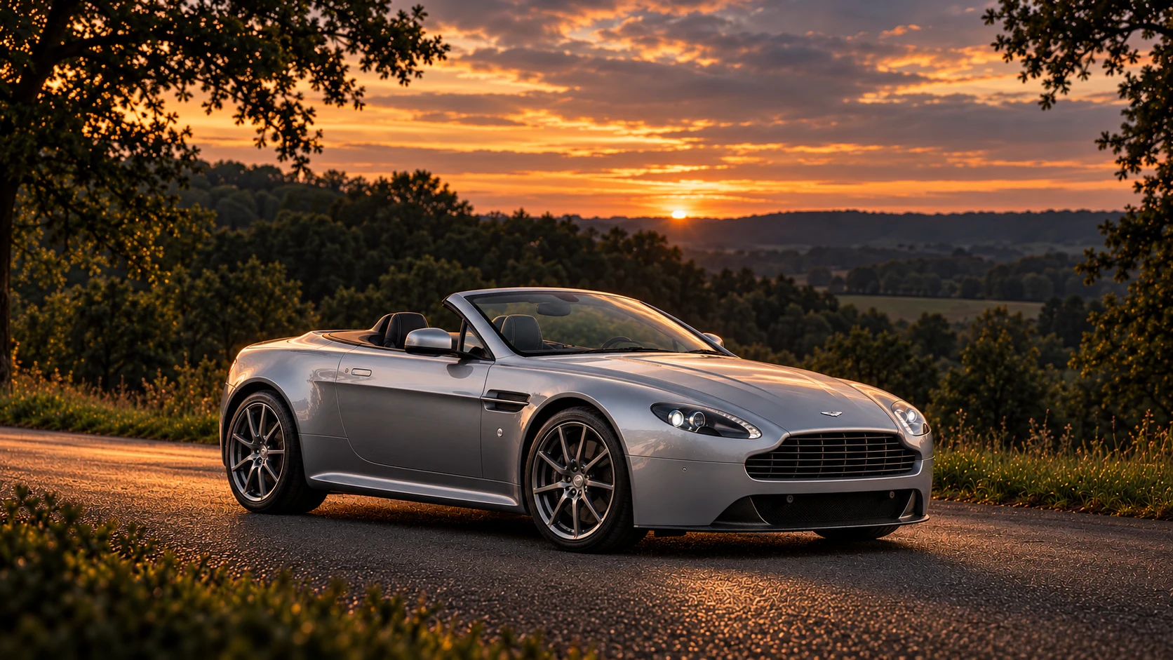 Aston Martin V8 Vantage S Roadster (2011-2017), AI-generated editorial illustration in front three-quarter view facing right at dusk