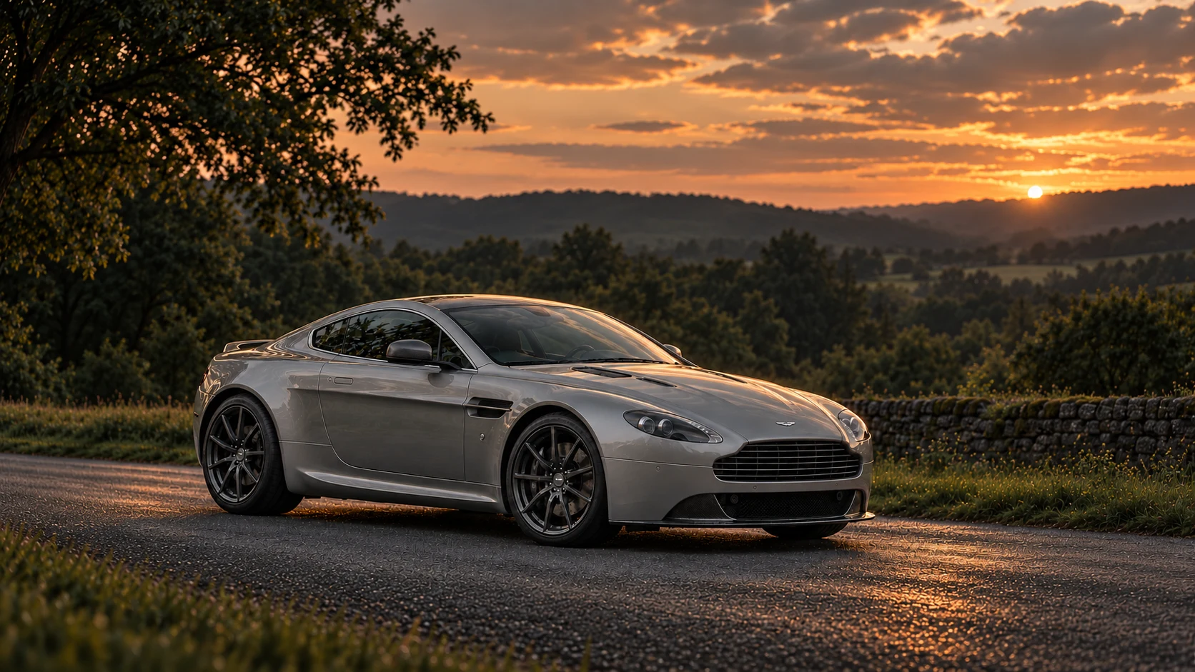Aston Martin V8 Vantage SP10 Coupé (2013-2014), AI-generated editorial illustration in front three-quarter view facing right at dusk