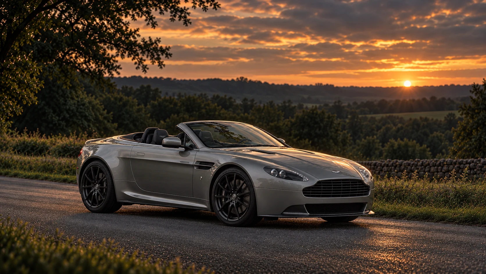 Aston Martin V8 Vantage SP10 Roadster (2013-2014), AI-generated editorial illustration in front three-quarter view facing right at dusk