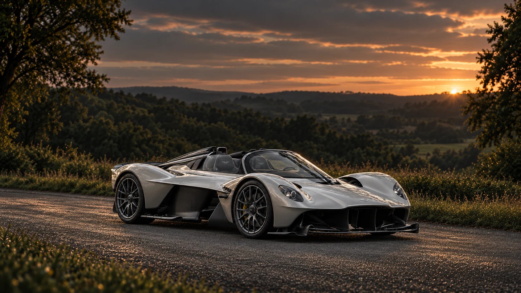 Aston Martin Valkyrie Spider (2021 announced limited series), AI-generated editorial illustration in front three-quarter view facing right at dusk