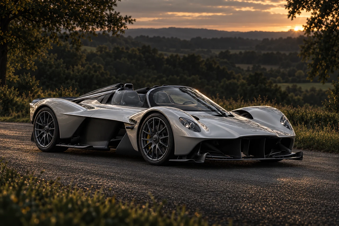Aston Martin Valkyrie Spider (2021 announced limited series), AI-generated editorial illustration in front three-quarter view facing right at dusk