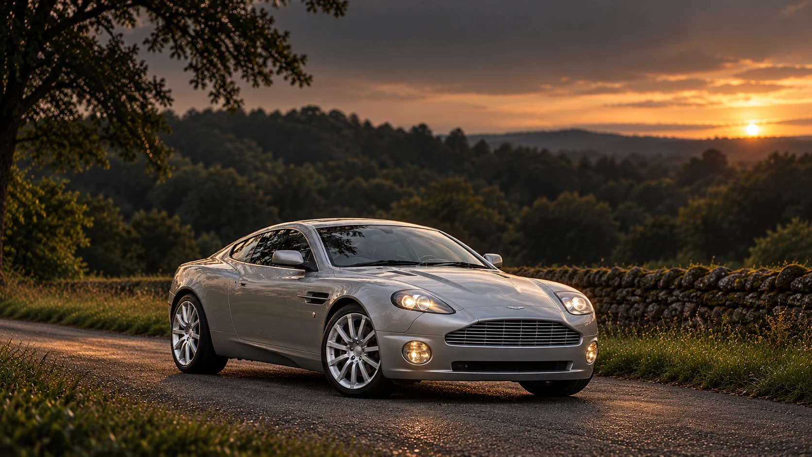 Aston Martin V12 Vanquish (2001–2007) (2001-2007), AI-generated editorial illustration in front three-quarter view facing right at dusk