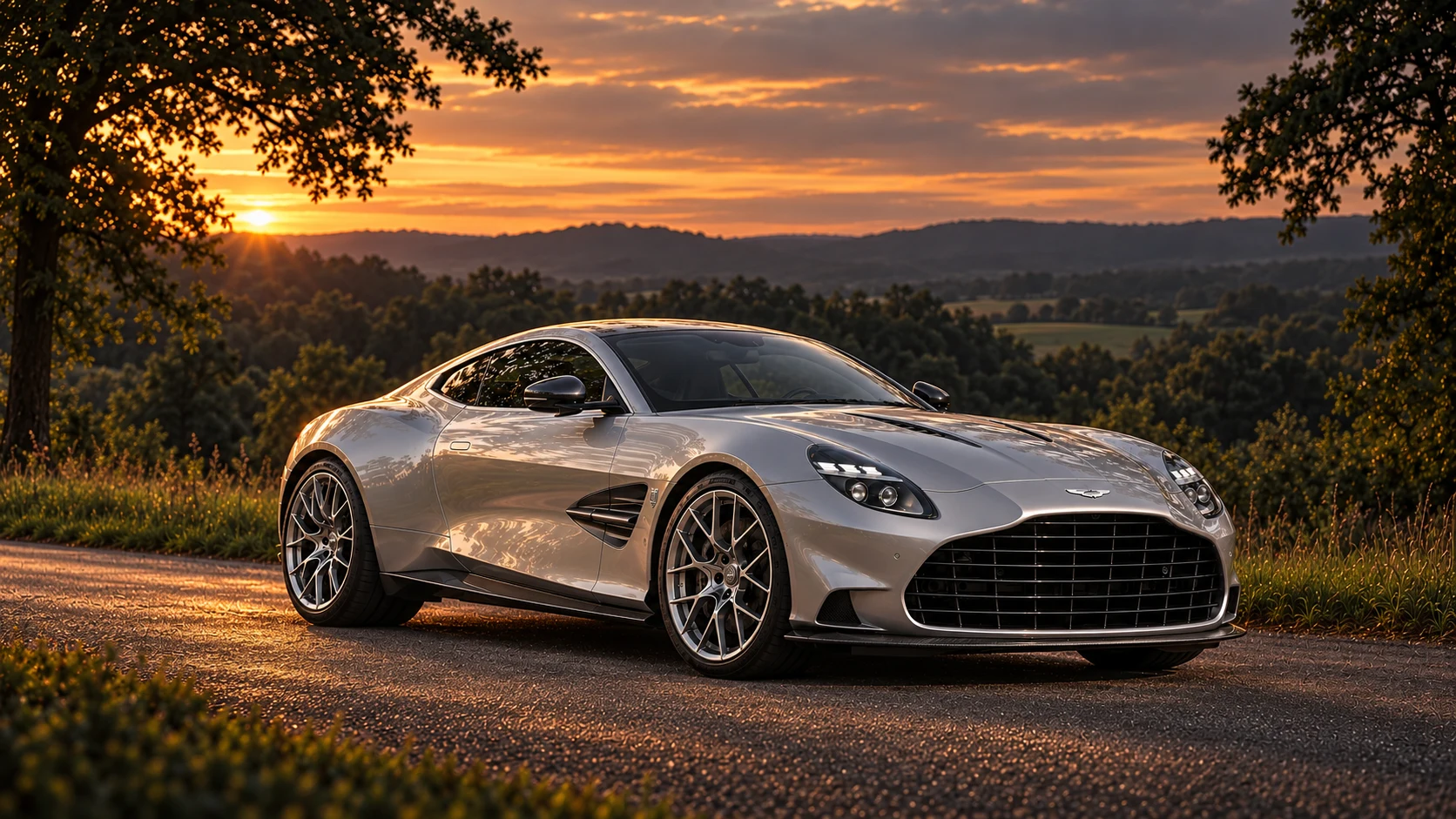 Aston Martin Vanquish 25th Anniversary Edition Coupé (2026 announced), AI-generated editorial illustration in front three-quarter view facing right at dusk