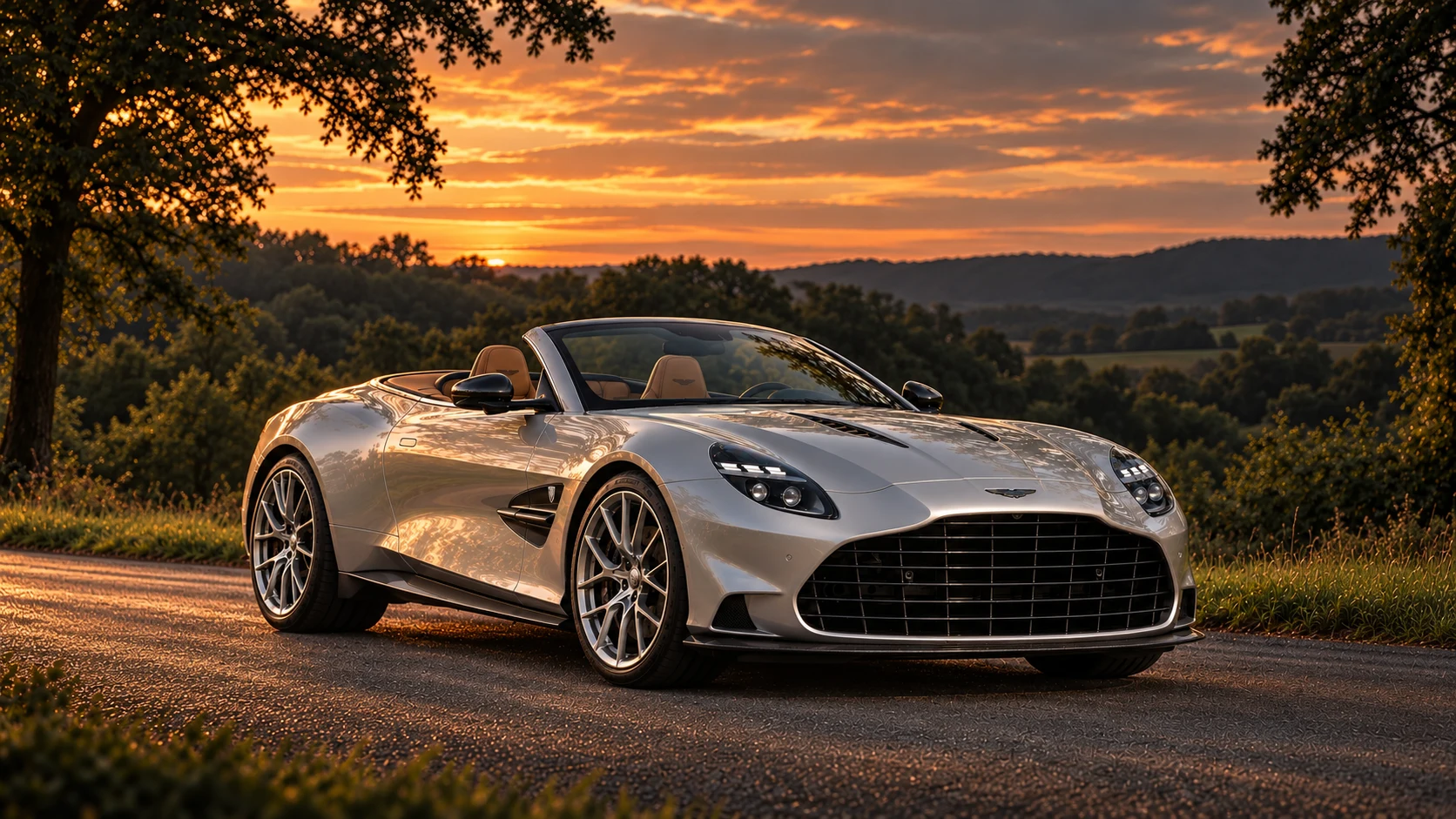 Aston Martin Vanquish 25th Anniversary Edition Volante (2026 announced), AI-generated editorial illustration in front three-quarter view facing right at dusk