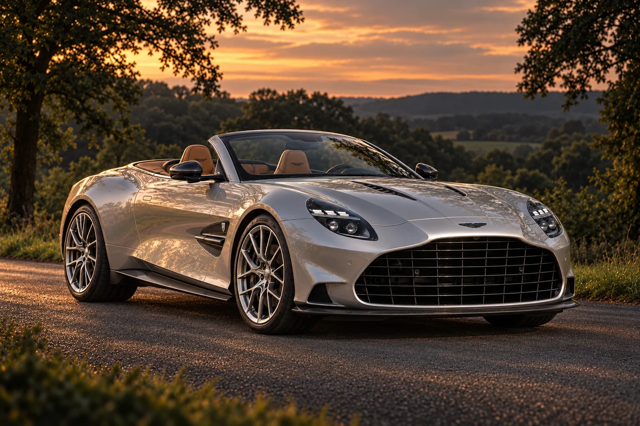 Aston Martin Vanquish 25th Anniversary Edition Volante (2026 announced), AI-generated editorial illustration in front three-quarter view facing right at dusk