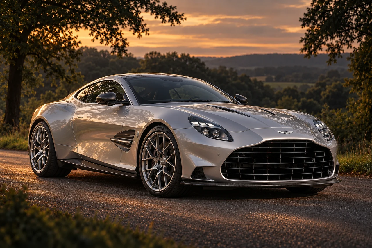 Aston Martin Vanquish 25th Anniversary Edition Coupé (2026 announced), AI-generated editorial illustration in front three-quarter view facing right at dusk