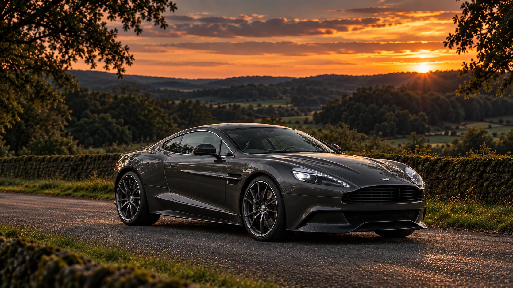 Aston Martin Vanquish Carbon Edition Coupé (2014-2016), AI-generated editorial illustration in front three-quarter view facing right at dusk
