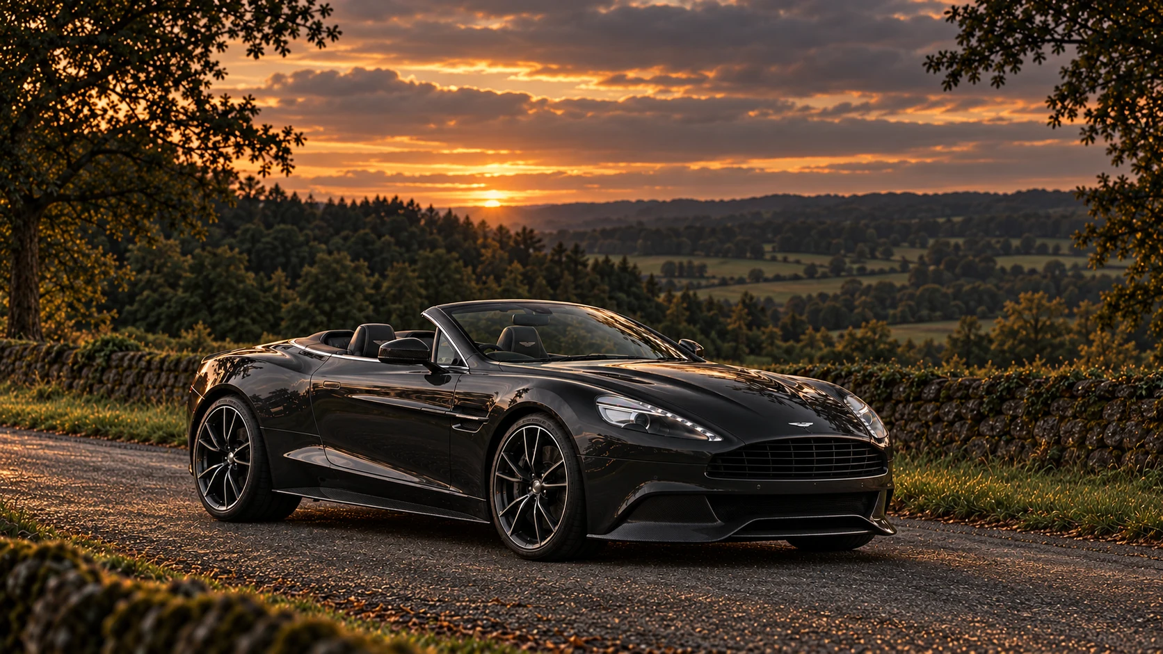Aston Martin Vanquish Carbon Edition Volante (2014-2016), AI-generated editorial illustration in front three-quarter view facing right at dusk