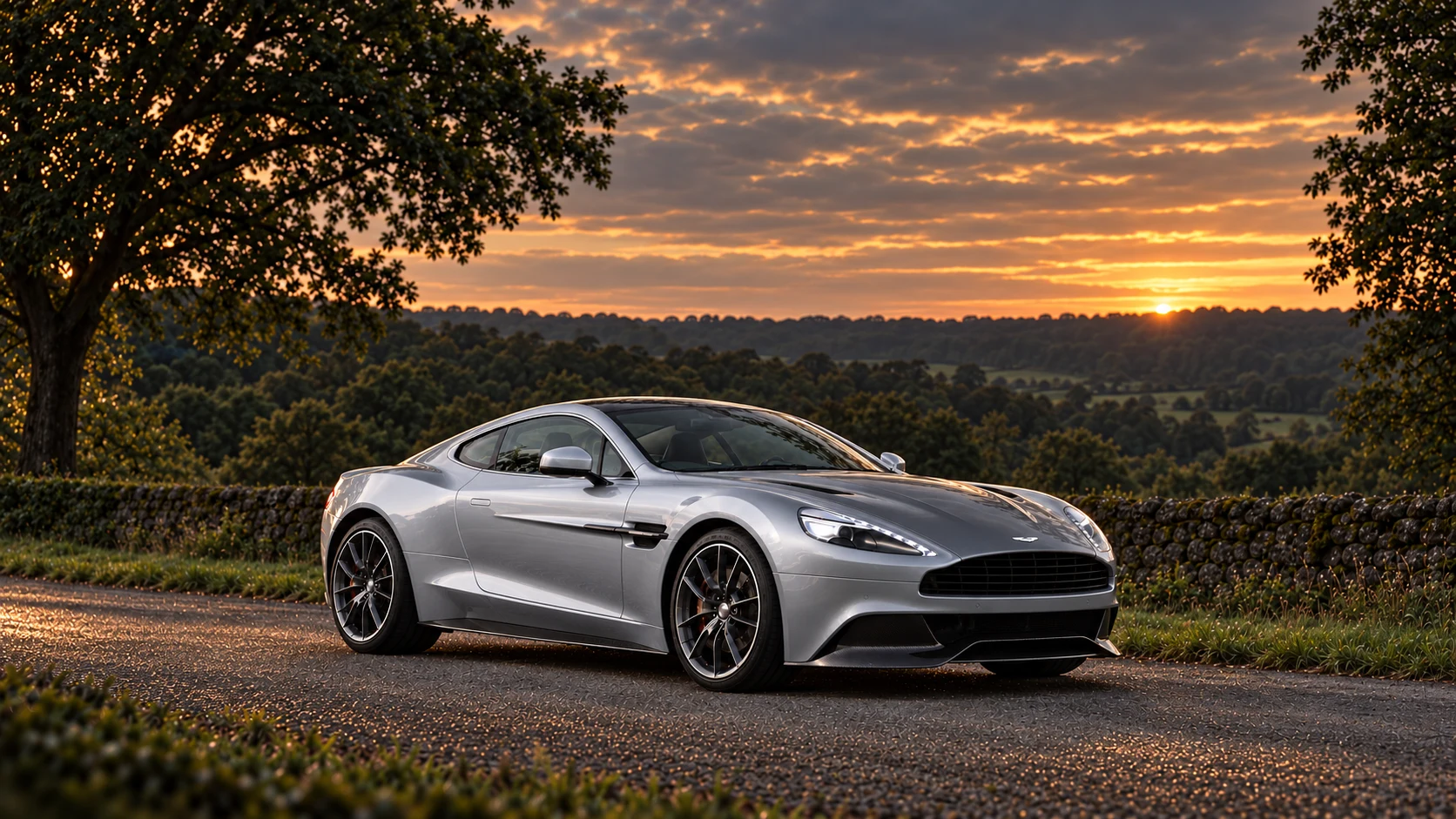 Aston Martin Vanquish Centenary Edition (2013), AI-generated editorial illustration in front three-quarter view facing right at dusk