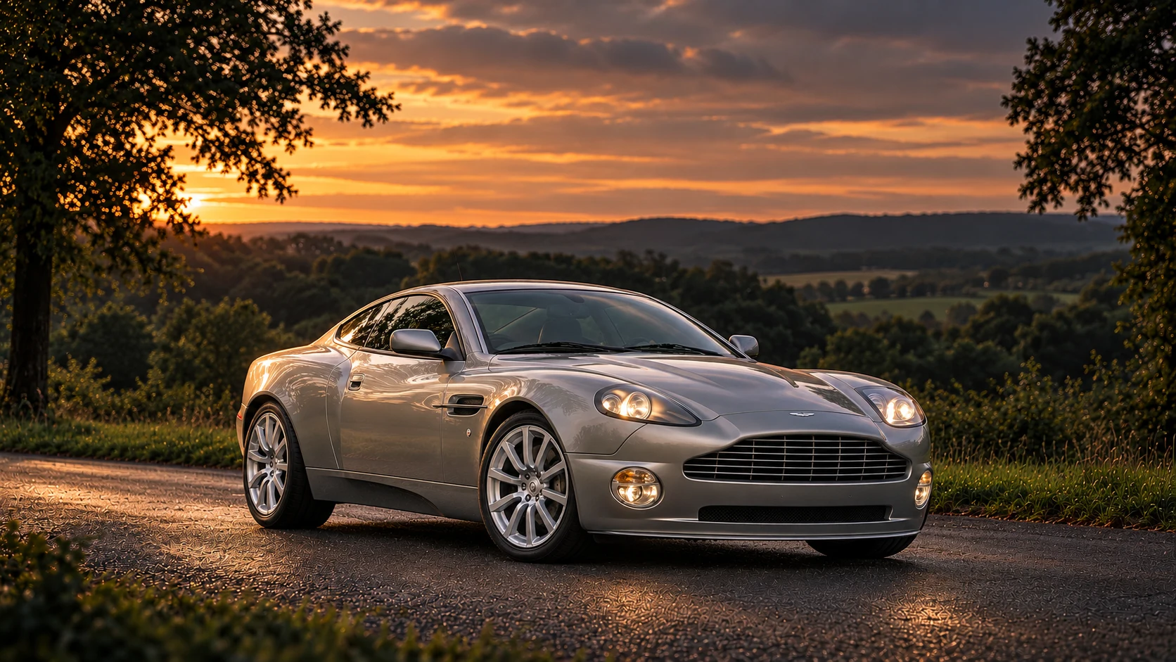 Aston Martin V12 Vanquish S (2004–2007) (2004-2007), AI-generated editorial illustration in front three-quarter view facing right at dusk