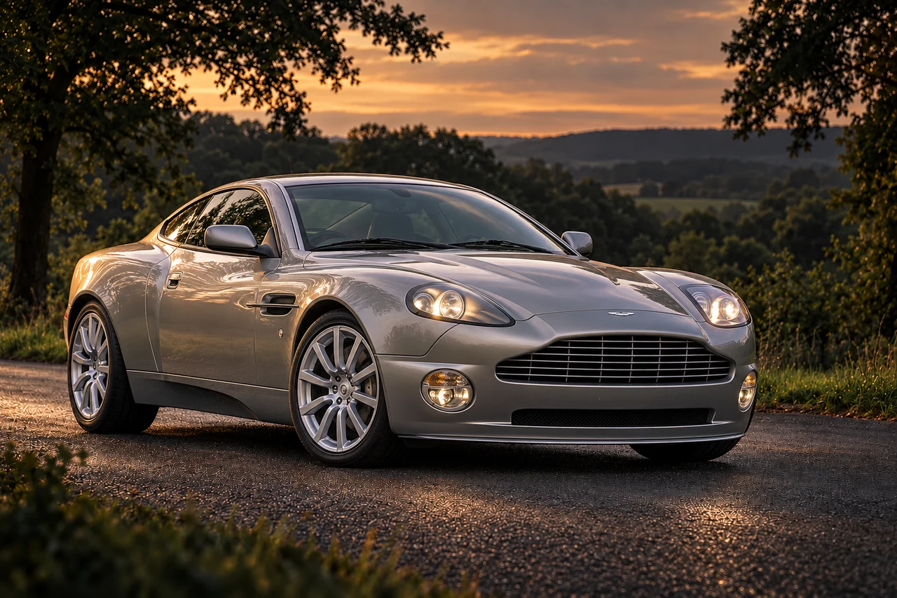 Aston Martin V12 Vanquish S (2004–2007) (2004-2007), AI-generated editorial illustration in front three-quarter view facing right at dusk