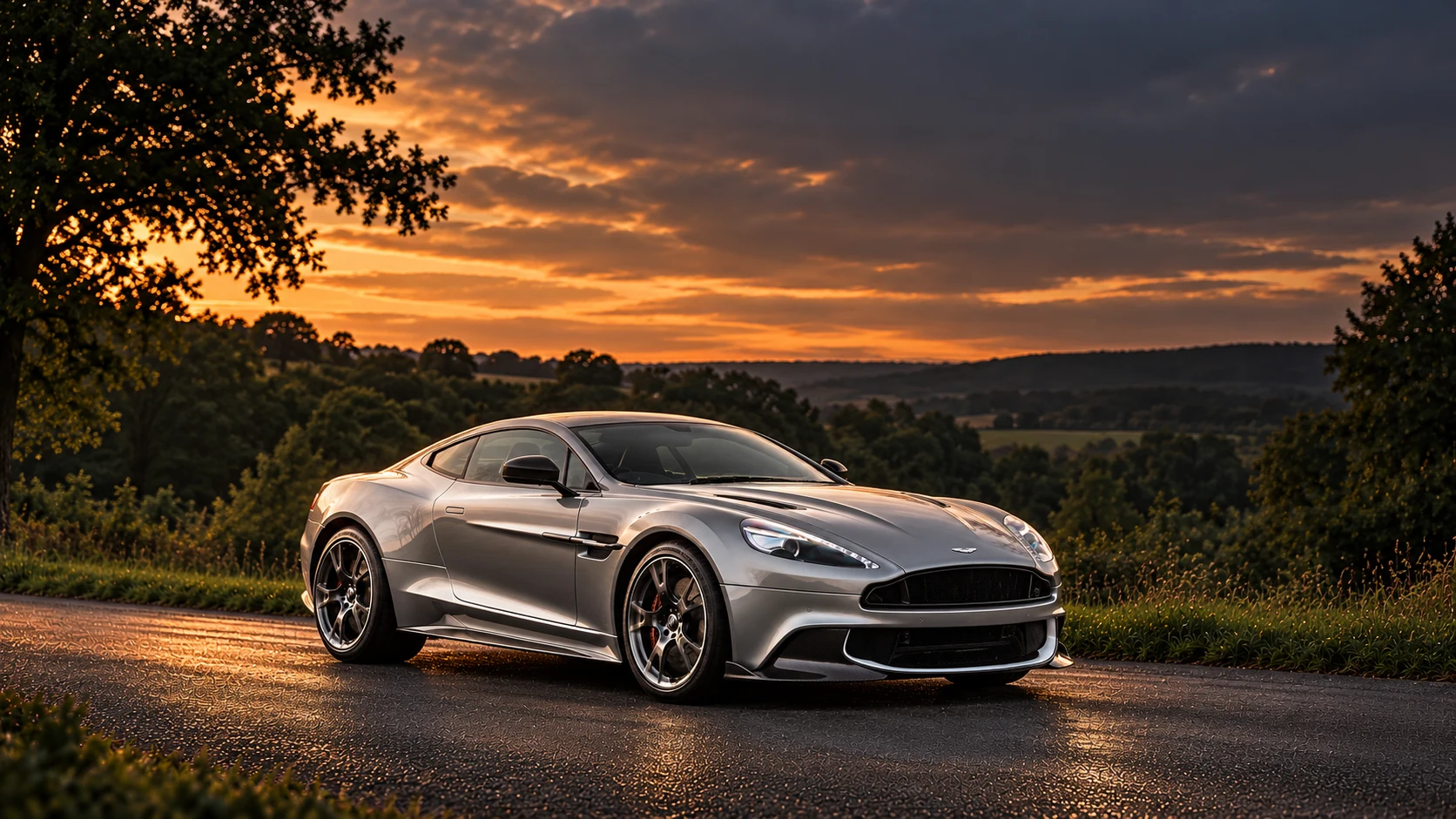 Aston Martin Vanquish S (2016–2018) Coupé (2016-2018), AI-generated editorial illustration in front three-quarter view facing right at dusk
