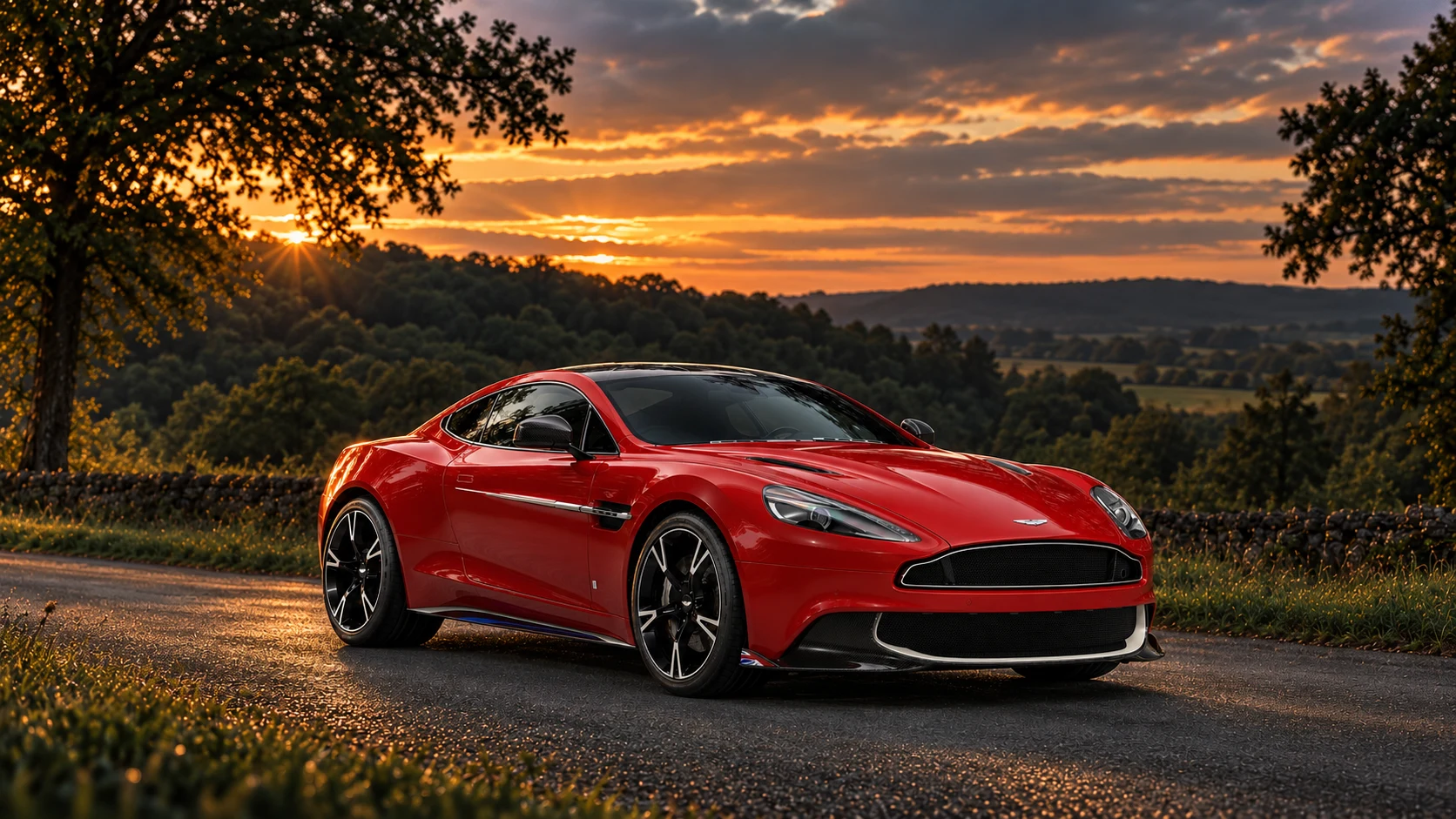 Aston Martin Vanquish S Red Arrows Edition (2017), AI-generated editorial illustration in front three-quarter view facing right at dusk
