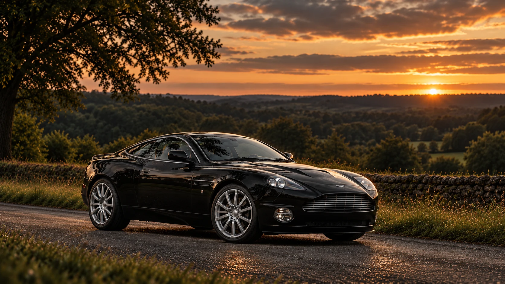 Aston Martin V12 Vanquish S Ultimate Edition (2007 limited series), AI-generated editorial illustration in front three-quarter view facing right at dusk