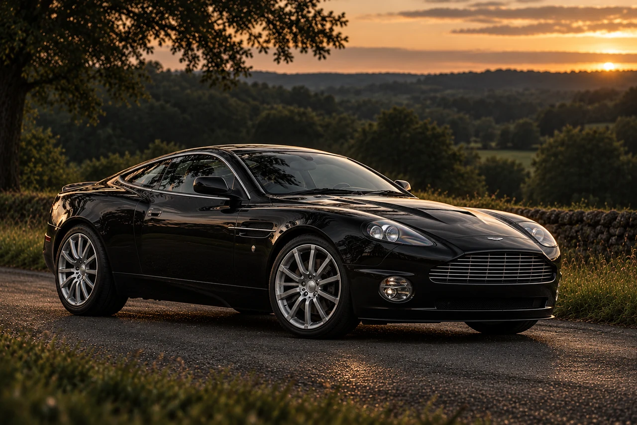 Aston Martin V12 Vanquish S Ultimate Edition (2007 limited series), AI-generated editorial illustration in front three-quarter view facing right at dusk