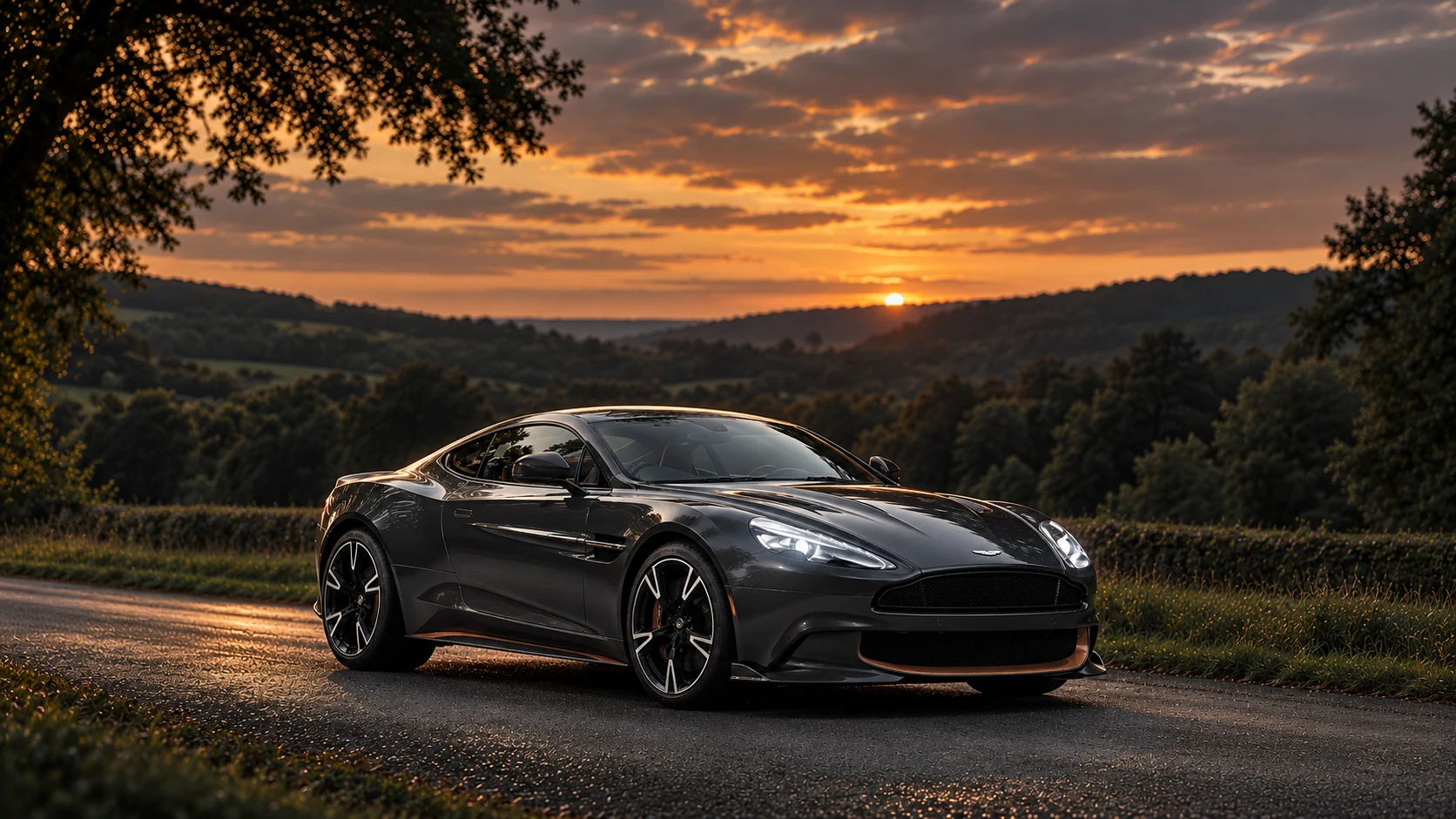 Aston Martin Vanquish S Ultimate Coupé (2017-2018), AI-generated editorial illustration in front three-quarter view facing right at dusk