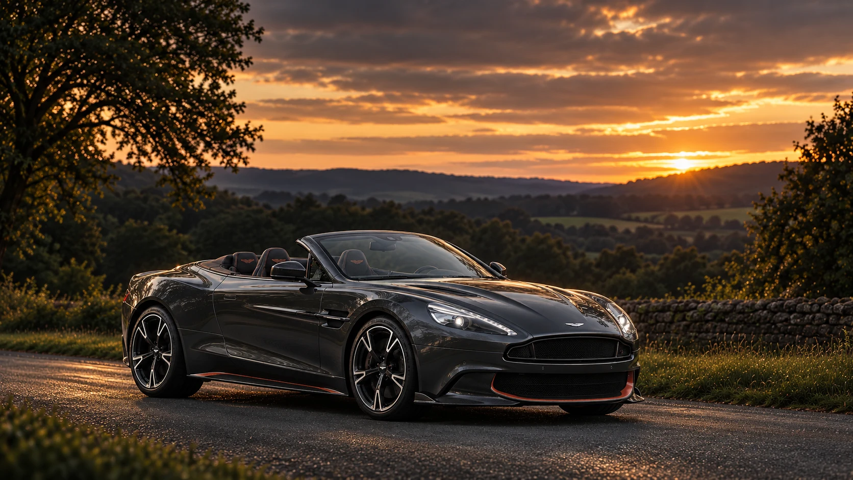 Aston Martin Vanquish S Ultimate Volante (2017-2018), AI-generated editorial illustration in front three-quarter view facing right at dusk