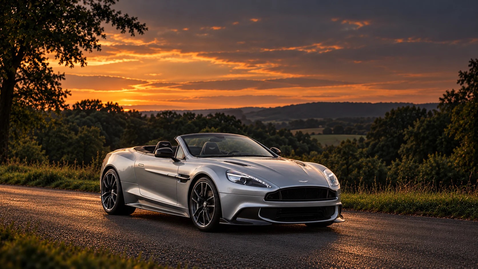Aston Martin Vanquish S (2016–2018) Volante (2016-2018), AI-generated editorial illustration in front three-quarter view facing right at dusk