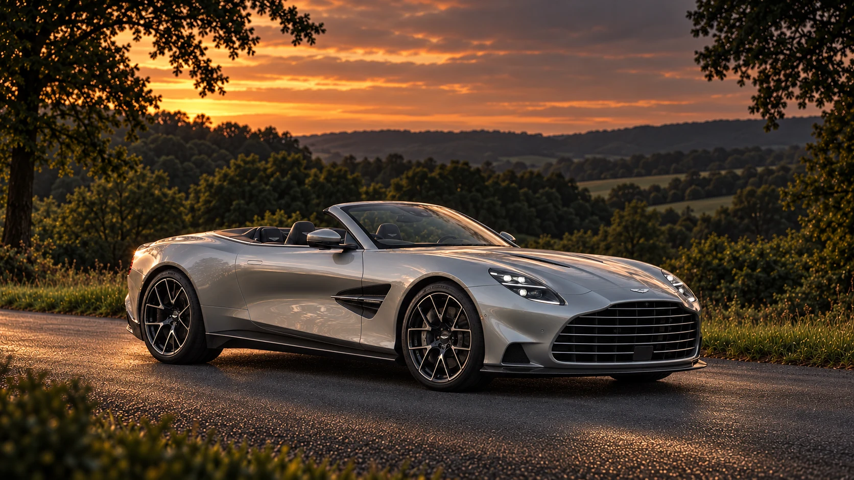 Aston Martin Vanquish Volante (2025–) (2025-present), AI-generated editorial illustration in front three-quarter view facing right at dusk