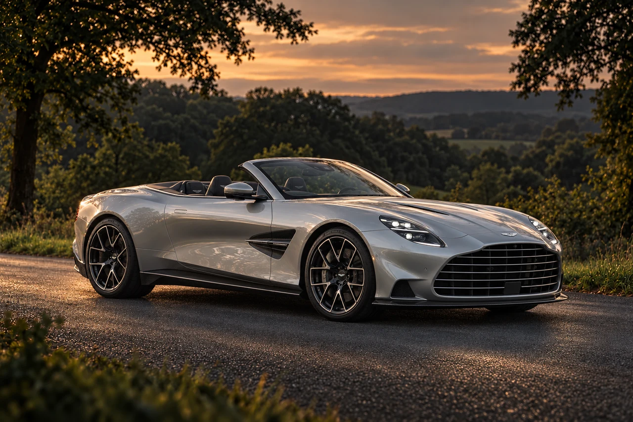 Aston Martin Vanquish Volante (2025–) (2025-present), AI-generated editorial illustration in front three-quarter view facing right at dusk