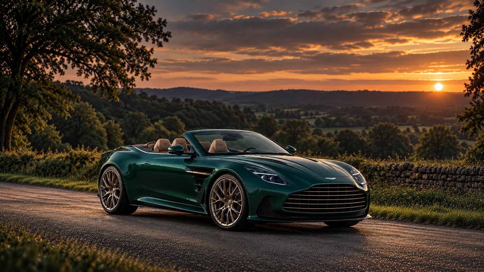 Aston Martin Vanquish Volante 60th Anniversary Edition (2025-2026), AI-generated editorial illustration in front three-quarter view facing right at dusk
