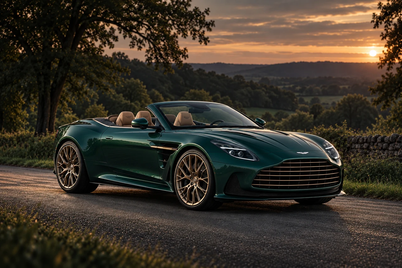 Aston Martin Vanquish Volante 60th Anniversary Edition (2025-2026), AI-generated editorial illustration in front three-quarter view facing right at dusk