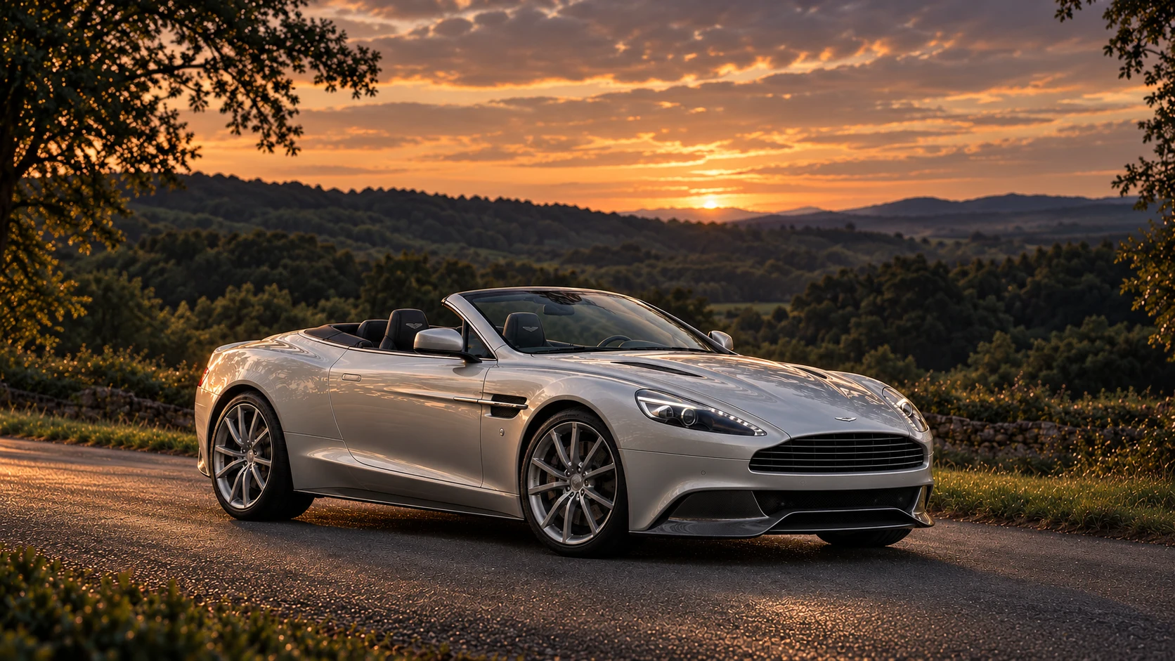 Aston Martin Vanquish Volante (2013–2018) (2013-2018), AI-generated editorial illustration in front three-quarter view facing right at dusk