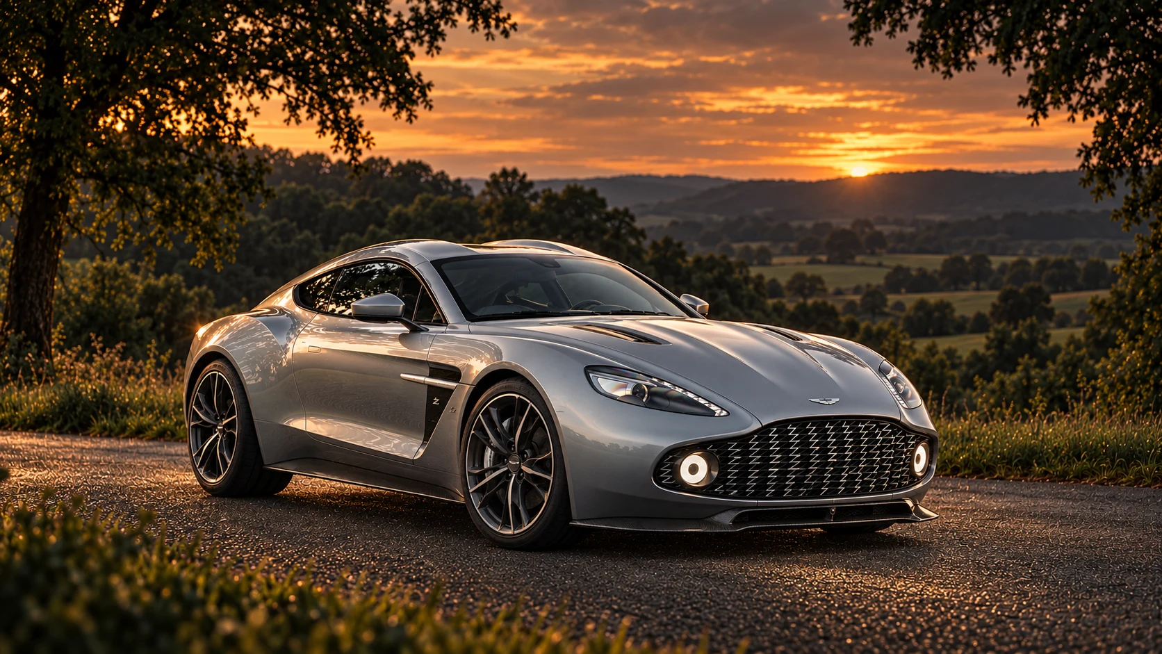 Aston Martin Vanquish Zagato Coupé (2016-2017), AI-generated editorial illustration in front three-quarter view facing right at dusk