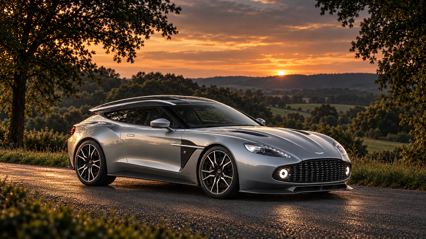 Aston Martin Vanquish Zagato Shooting Brake (2018-2019), AI-generated editorial illustration in front three-quarter view facing right at dusk