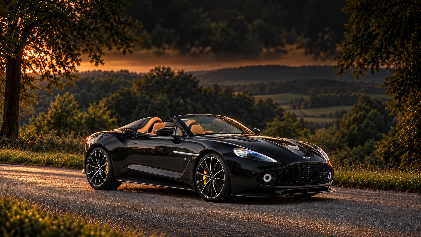 Aston Martin Vanquish Zagato Speedster (2017-2018), black open two-seater with tan cockpit and twin carbon-fibre rear cowls; AI-generated editorial illustration facing right at dusk