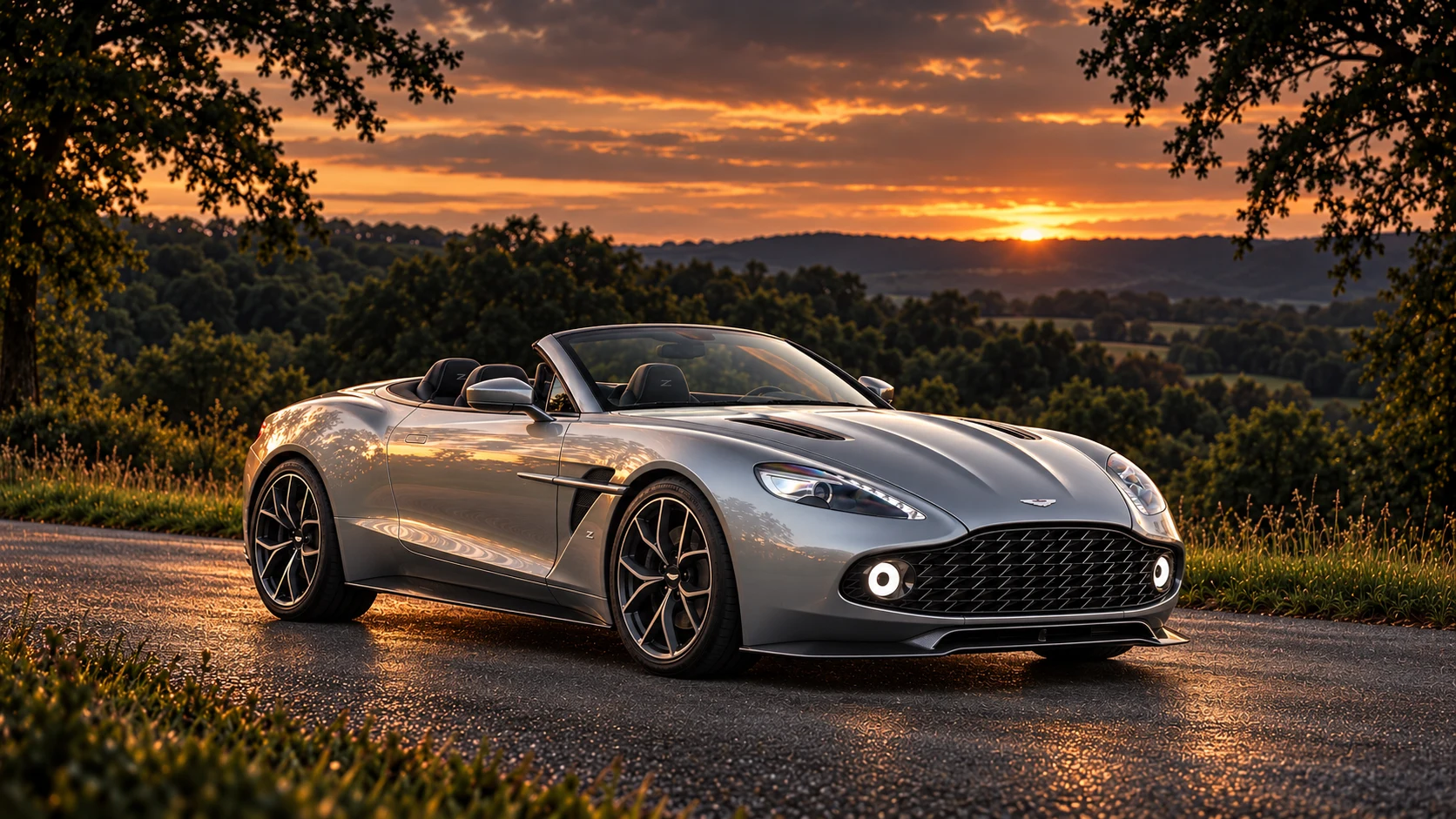 Aston Martin Vanquish Zagato Volante (2017-2018), AI-generated editorial illustration in front three-quarter view facing right at dusk