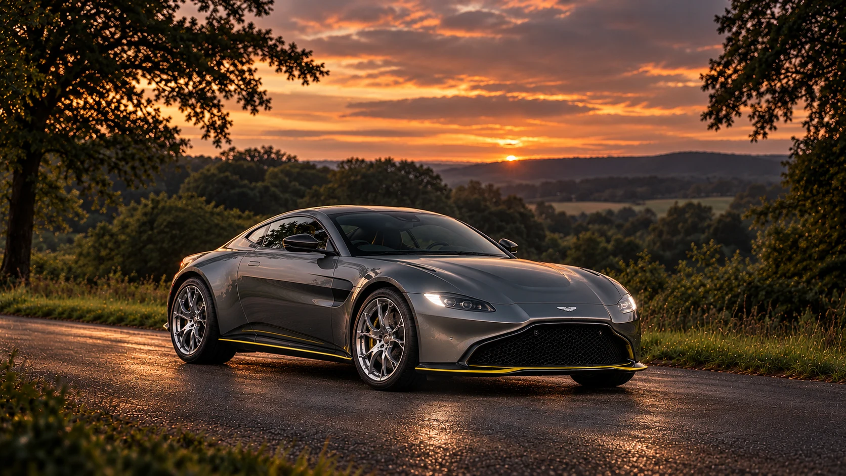 Aston Martin Vantage 007 Edition (2020-2021), AI-generated editorial illustration in front three-quarter view facing right at dusk