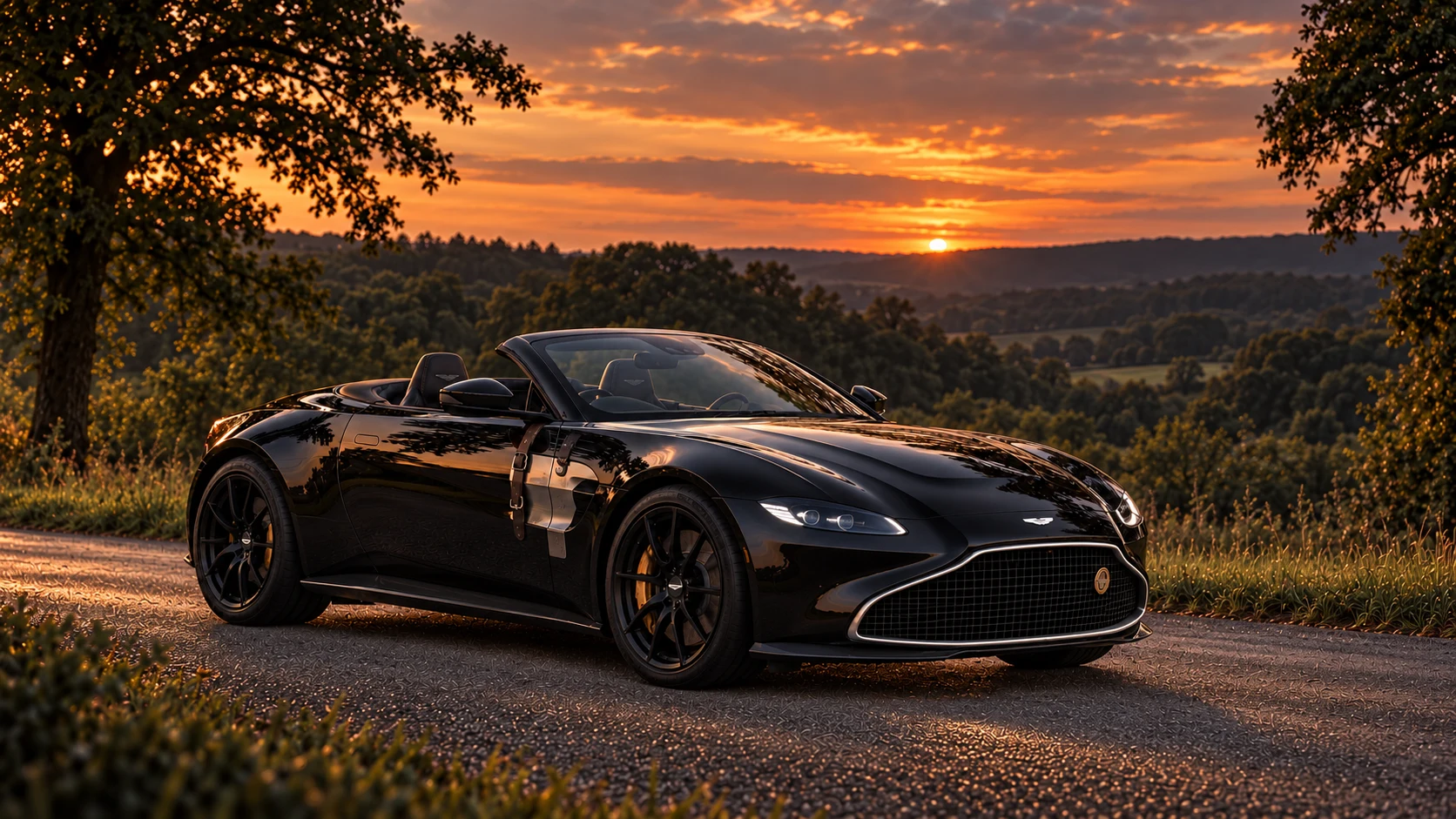 Aston Martin Vantage A3 Roadster HWM Series (2021 announced limited series), AI-generated editorial illustration in front three-quarter view facing right at dusk