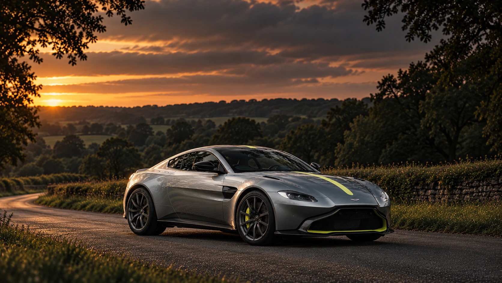 Aston Martin Vantage AMR (2019) (2019-2020), AI-generated editorial illustration in front three-quarter view facing right at dusk
