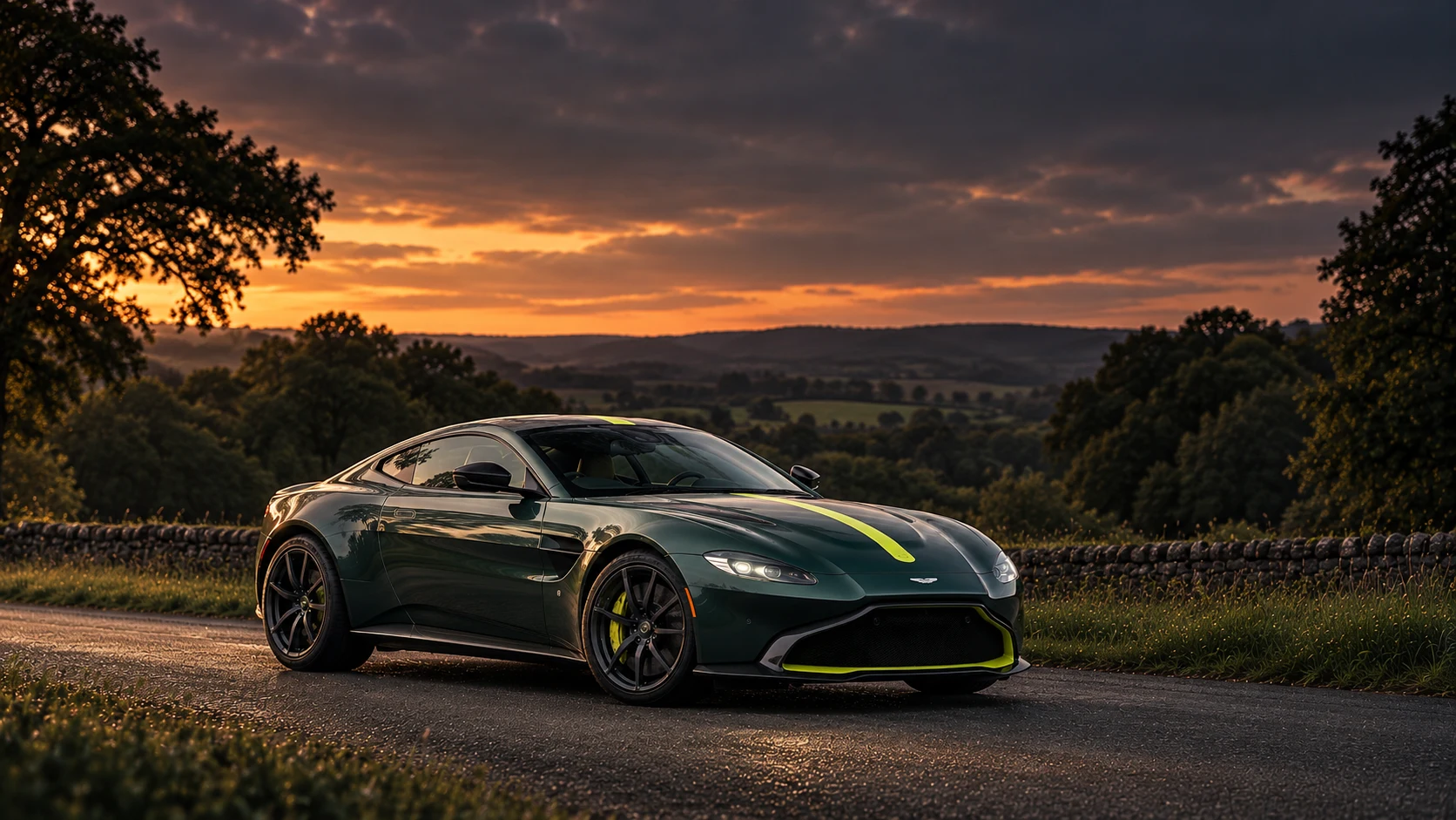 Aston Martin Vantage AMR 59 Edition (2019), AI-generated editorial illustration in front three-quarter view facing right at dusk