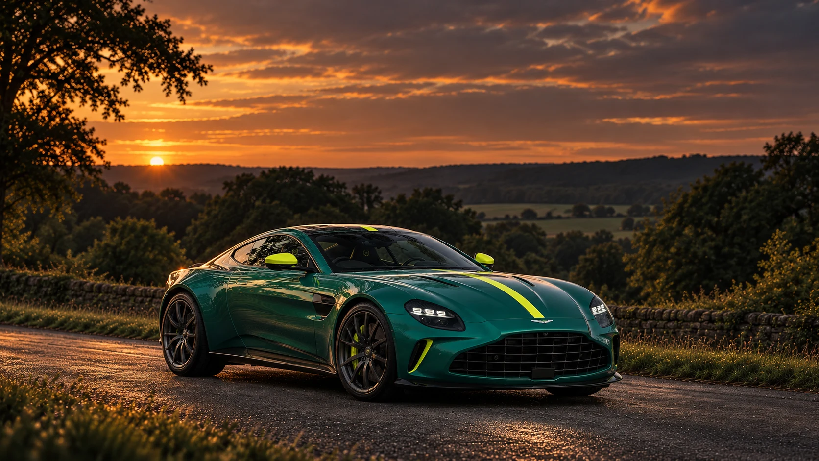 Aston Martin Vantage AMV24 Edition (2024-2025), AI-generated editorial illustration in front three-quarter view facing right at dusk