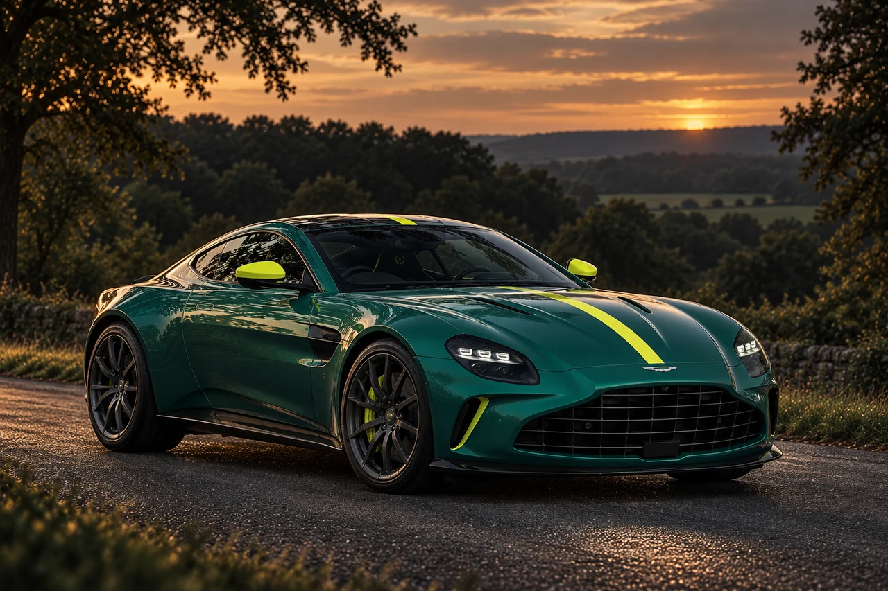 Aston Martin Vantage AMV24 Edition (2024-2025), AI-generated editorial illustration in front three-quarter view facing right at dusk