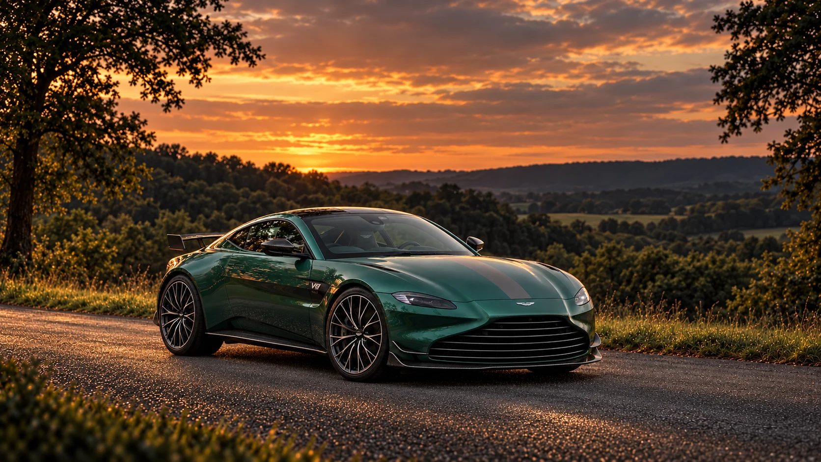 Aston Martin Vantage F1 Edition Coupé (2021-2023), AI-generated editorial illustration in front three-quarter view facing right at dusk