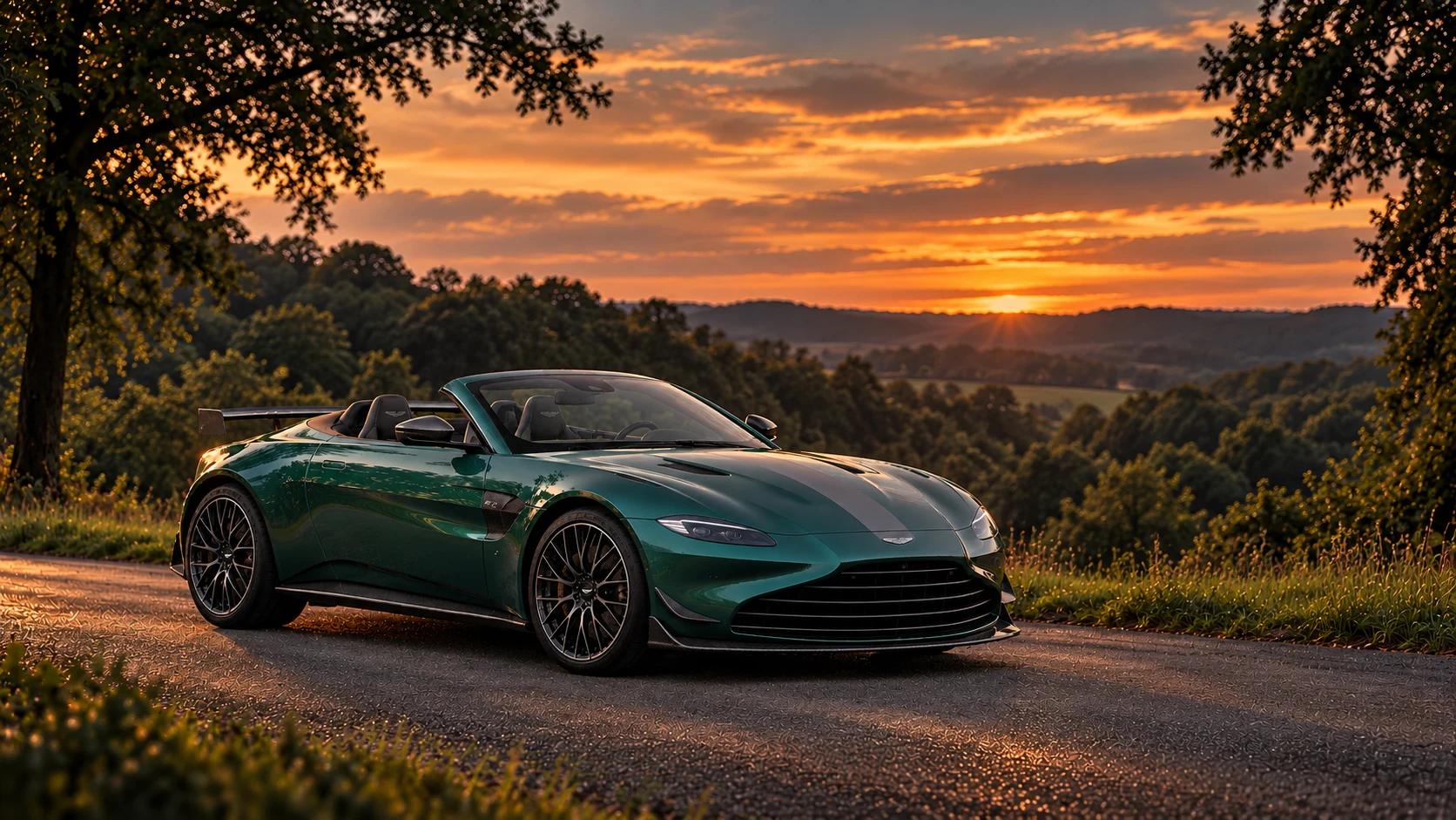 Aston Martin Vantage F1 Edition Roadster (2021-2023), AI-generated editorial illustration in front three-quarter view facing right at dusk