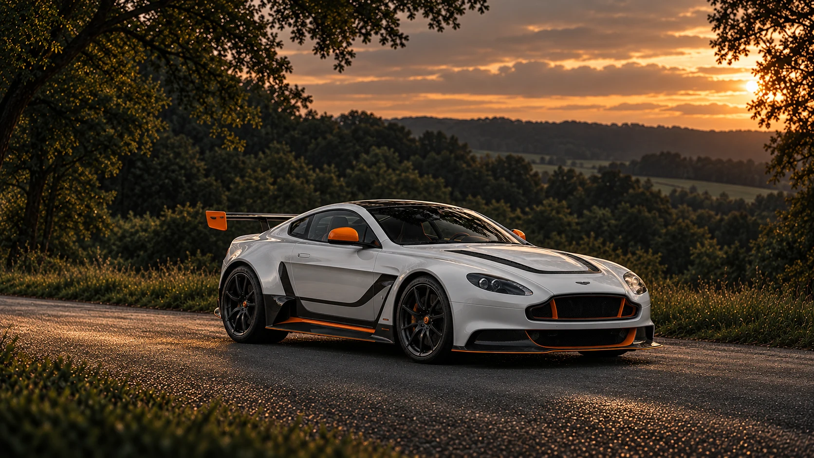 Aston Martin Vantage GT12 (2015-2016 limited series), AI-generated editorial illustration in front three-quarter view facing right at dusk