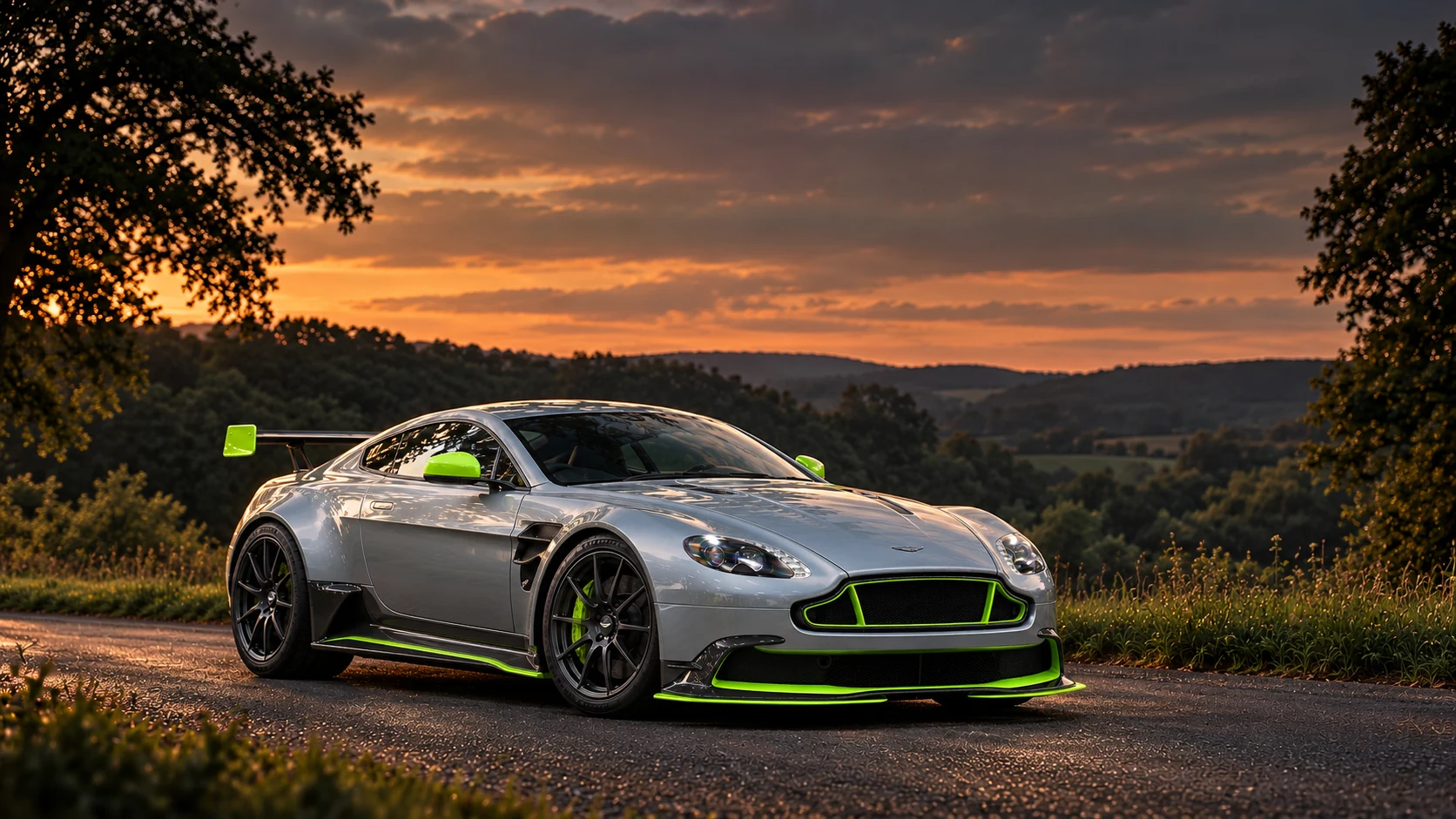 Aston Martin Vantage GT8 (2016-2017 limited series), AI-generated editorial illustration in front three-quarter view facing right at dusk
