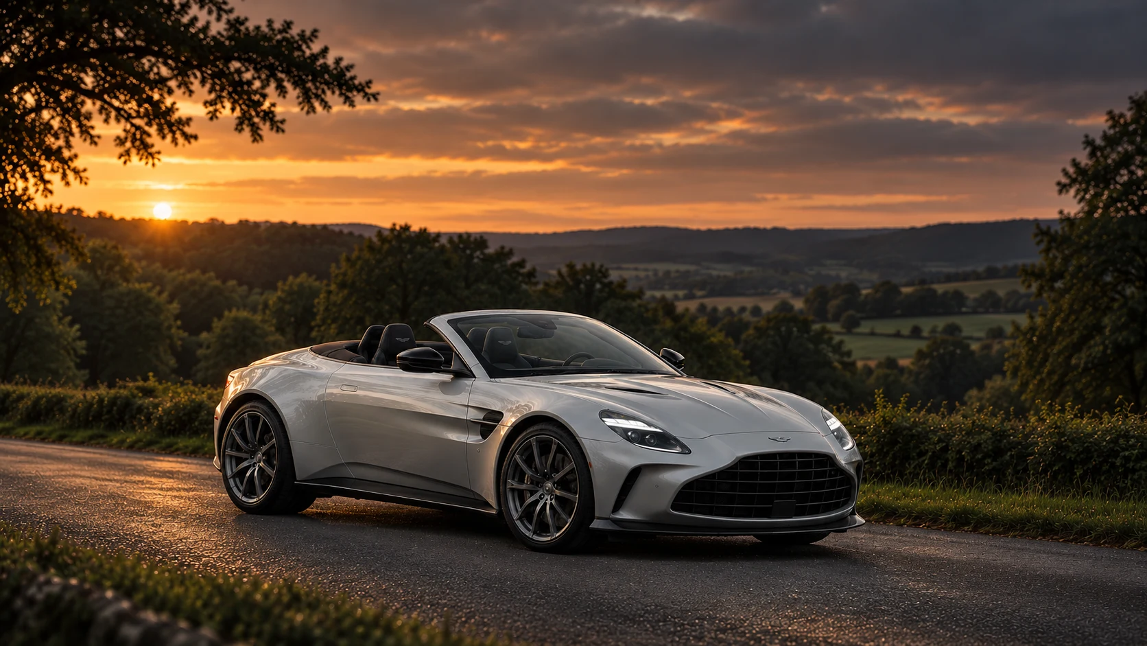 Aston Martin Vantage Roadster (2025–) (2025-present), AI-generated editorial illustration in front three-quarter view facing right at dusk