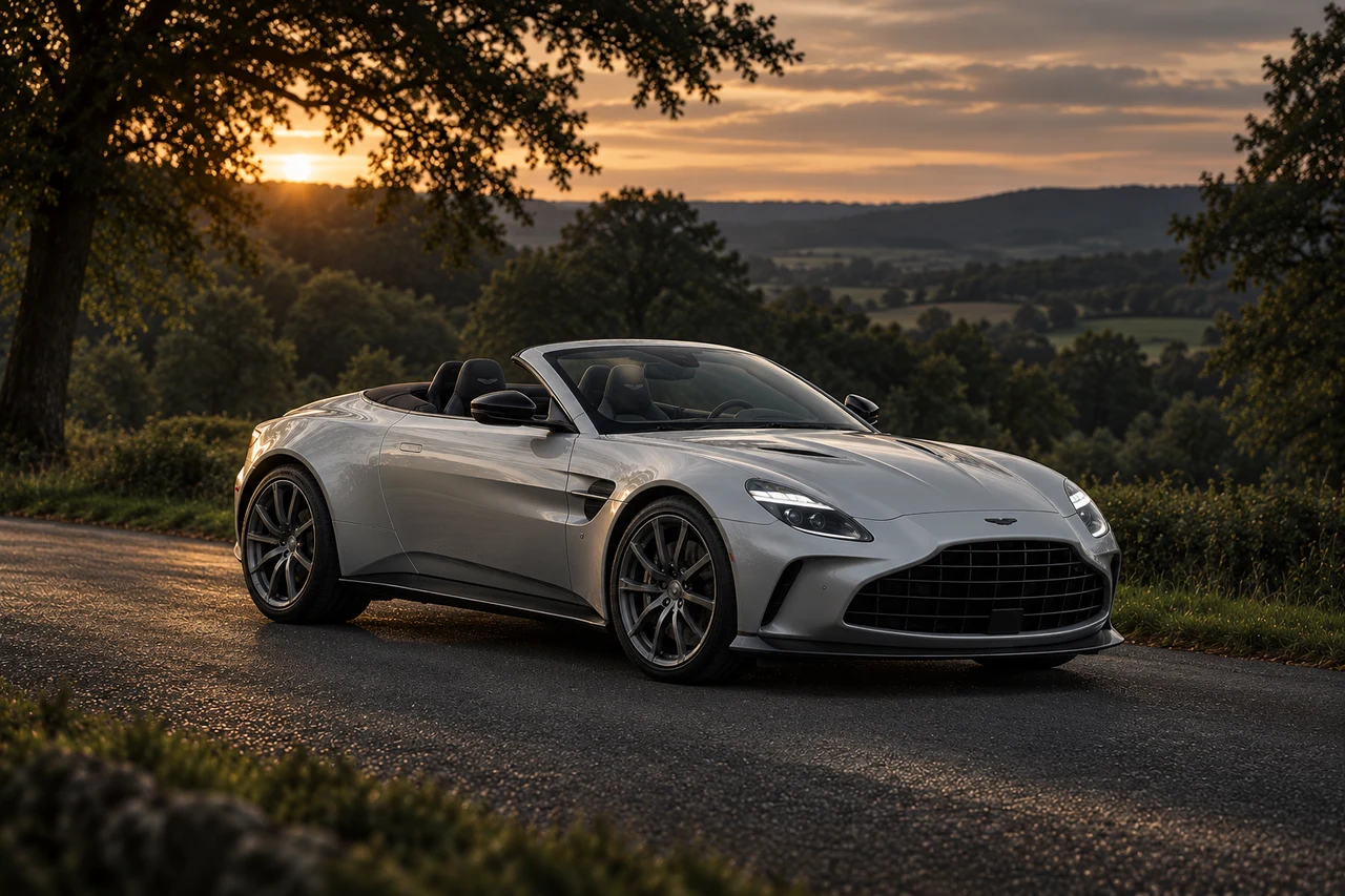 Aston Martin Vantage Roadster (2025–) (2025-present), AI-generated editorial illustration in front three-quarter view facing right at dusk