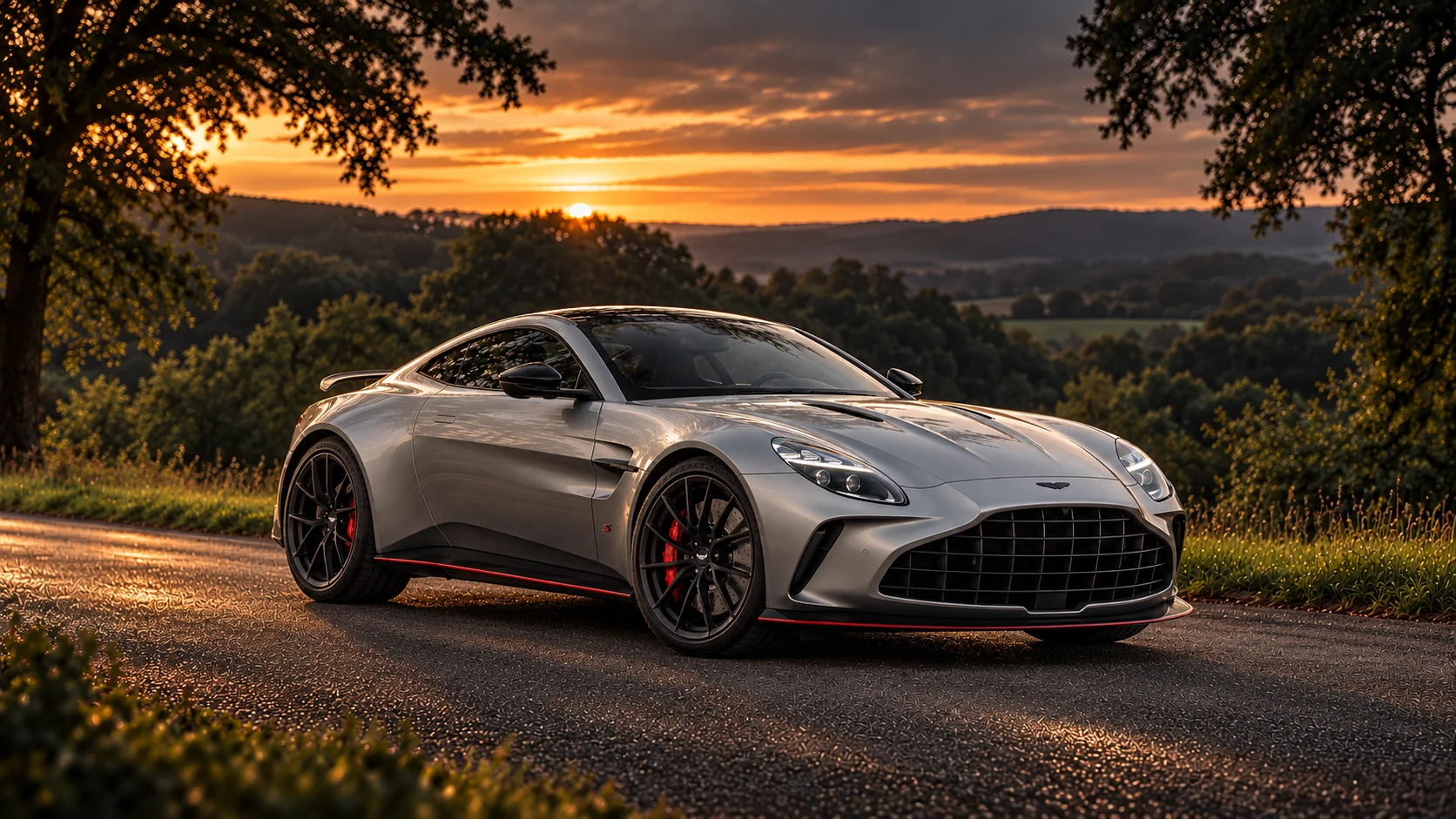 Aston Martin Vantage S (2025–) Coupé (2025-present), AI-generated editorial illustration in front three-quarter view facing right at dusk