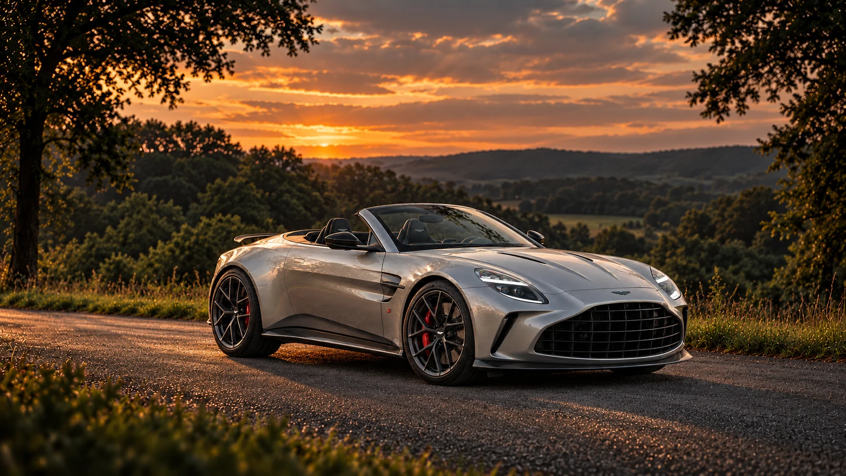 Aston Martin Vantage S (2025–) Roadster (2025 announced), AI-generated editorial illustration in front three-quarter view facing right at dusk