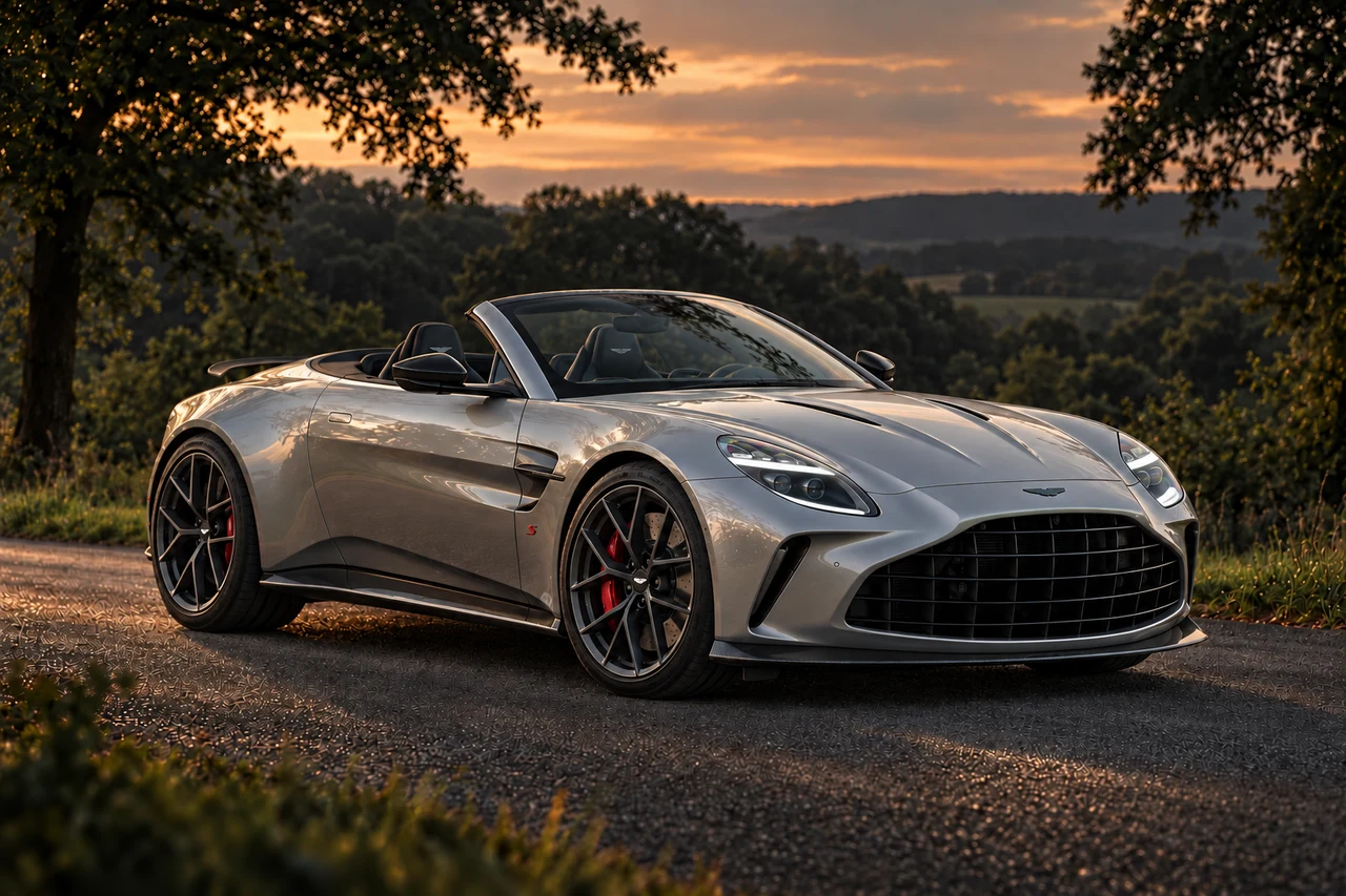 Aston Martin Vantage S (2025–) Roadster (2025 announced), AI-generated editorial illustration in front three-quarter view facing right at dusk