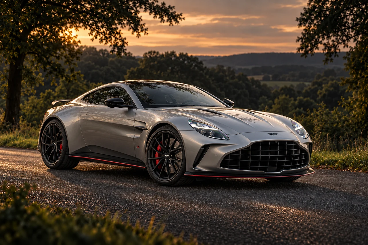 Aston Martin Vantage S (2025–) Coupé (2025-present), AI-generated editorial illustration in front three-quarter view facing right at dusk