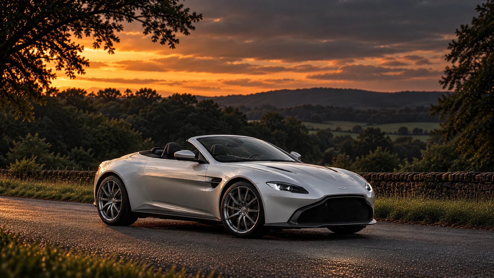 Aston Martin Vantage V8 Roadster (2020–2023) (2020-2023), AI-generated editorial illustration in front three-quarter view facing right at dusk